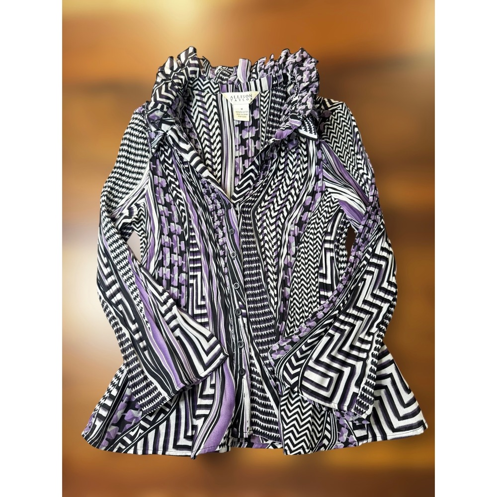 Allison Taylor Purple Black White Geometric Print Ruffle Neck Blouse Y2K chic
